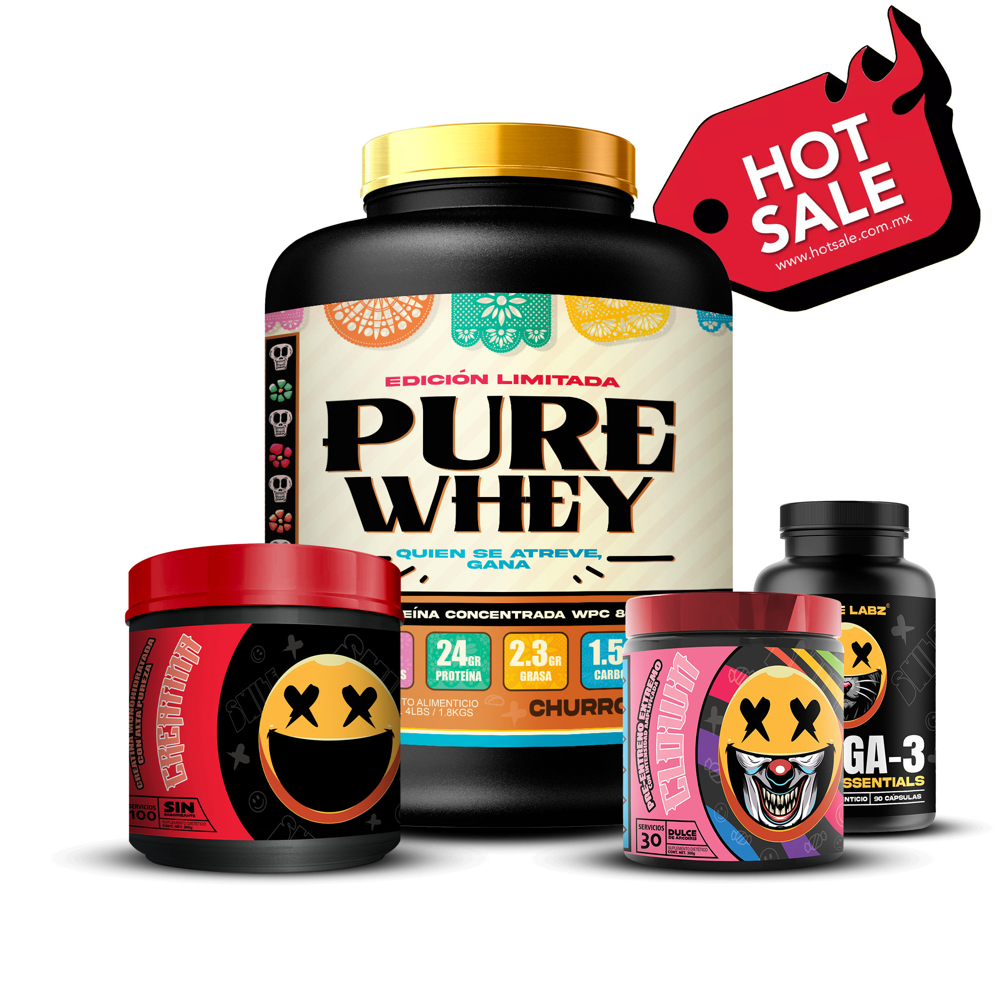 PURE WHEY 4LBS / CLOWN / CREATINA 100S / OMEGA-3