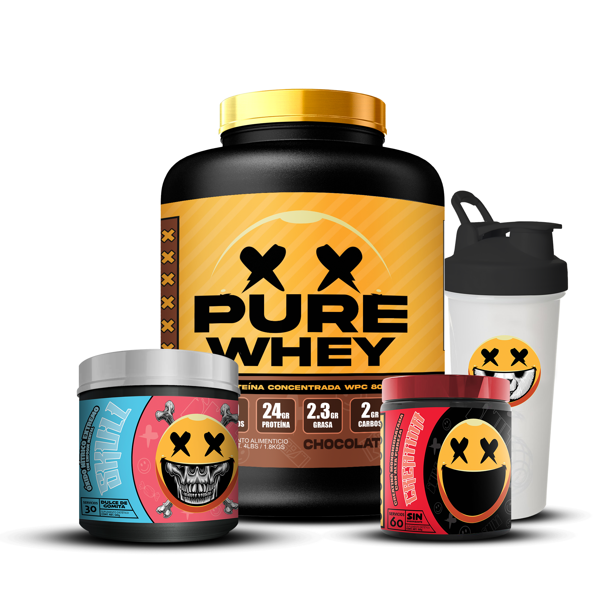 PURE WHEY 4lbs / CREATINA 60s / SKULL 30s / SHAKER