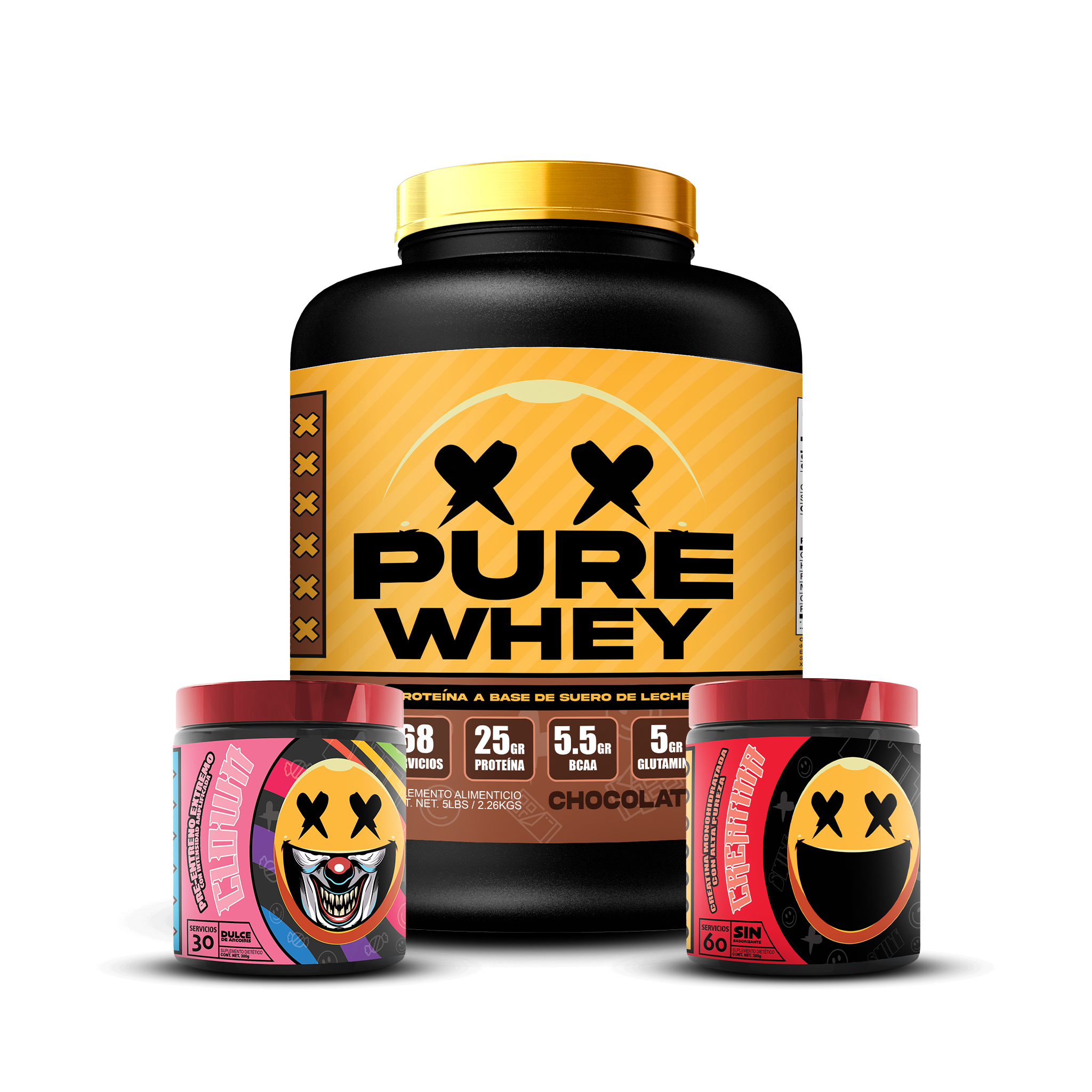 PURE WHEY 5lbs / CREATINA 60s / CLOWN 30s