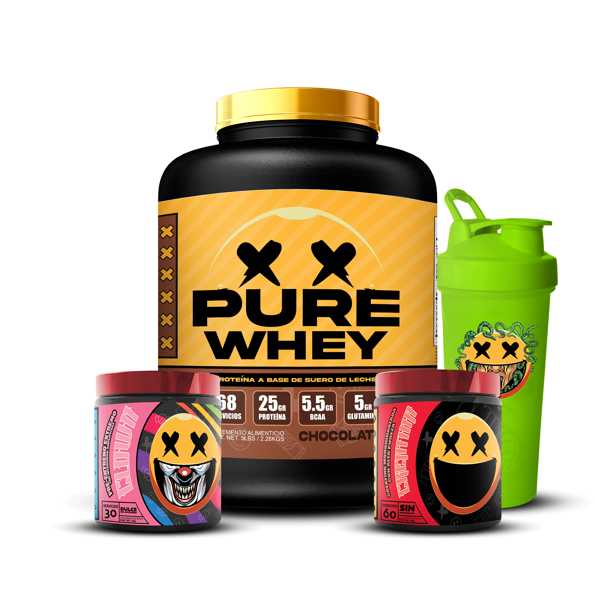 PURE WHEY 4lbs / CREATINA 60s / CLOWN / SHAKER