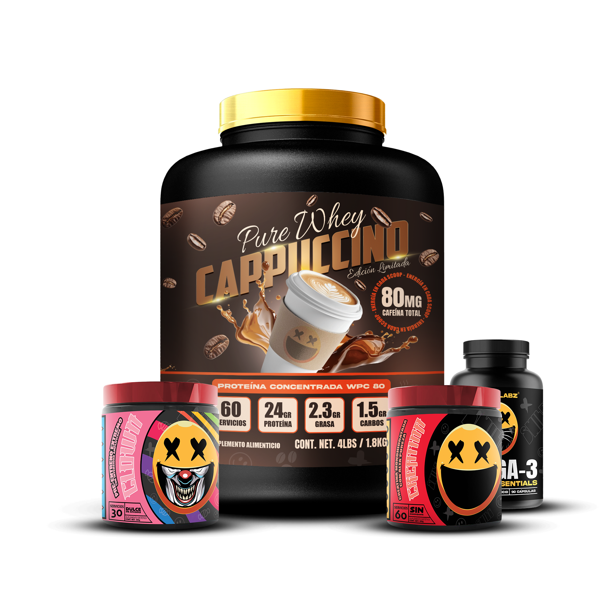 PURE WHEY 4LBS / CLOWN / CREATINA 60s / OMEGA-3